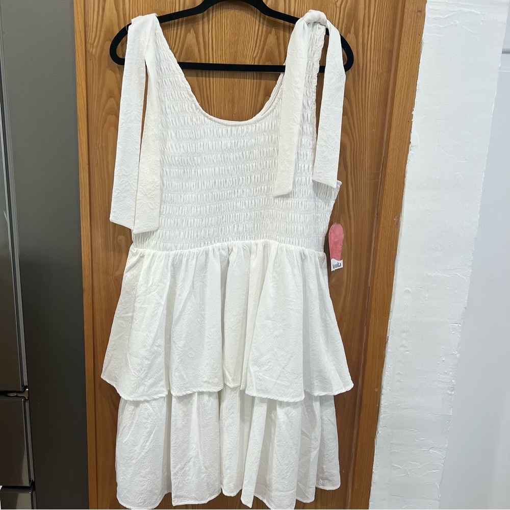 NWT Arula White Tiered Shirred Smocked Dress with Bow Detail